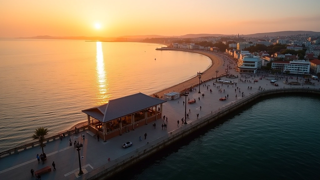 Aerial view of Dún Laoghaire pier at golden hour with people gathered in the outdoor pavilion area