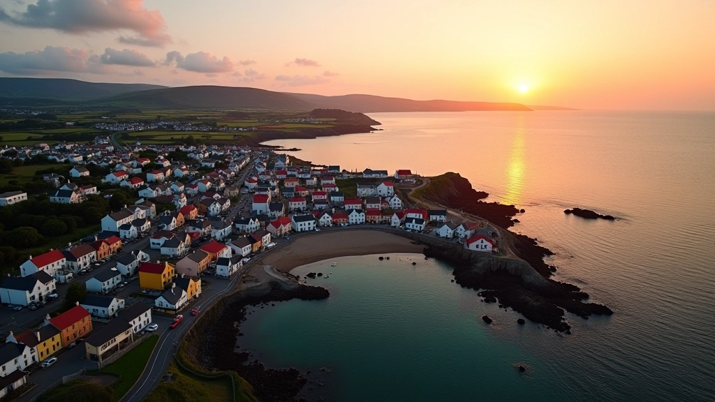 Aerial view of a small Irish coastal town at sunset with colorful buildings and a harbor visible, peaceful seaside atmosphere