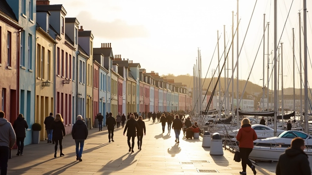Beautiful coastal harbor town in Ireland with colorful buildings, sailboats in the water, and people walking along the waterfront promenade