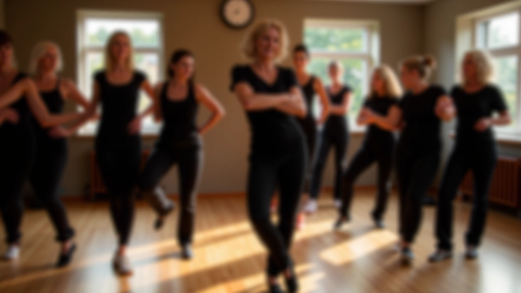 Instructor demonstrating kizomba footwork positioning to a group of mature adult students in a dance studio