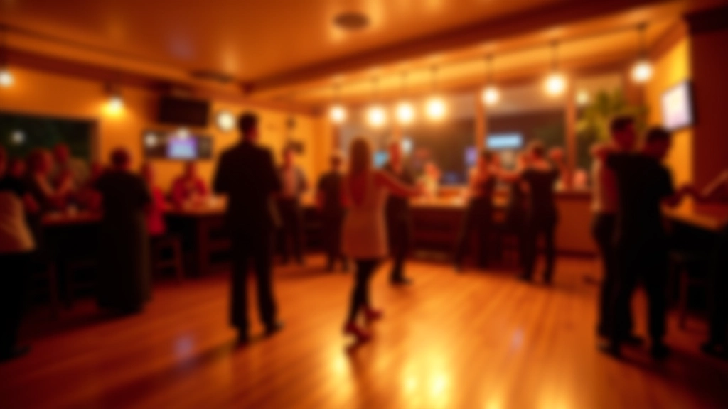Inside a Dublin dance venue with wooden floors, warm ambient lighting, couples dancing, friendly atmosphere