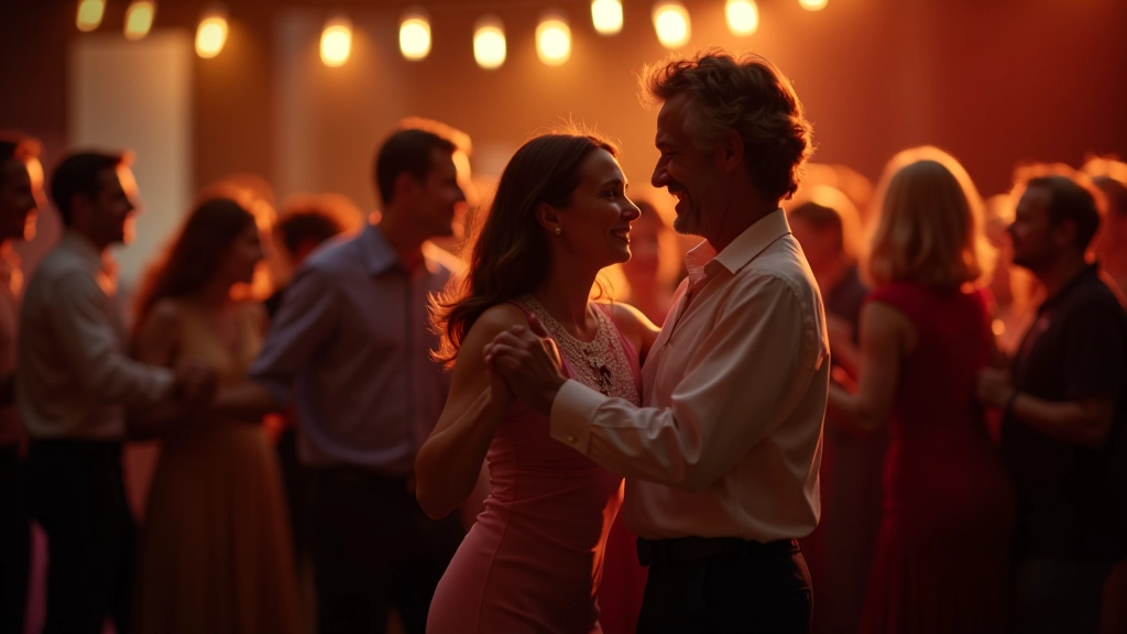 Group of adults aged 45-65 dancing together at a social dance event in Dublin, smiling and enjoying the music