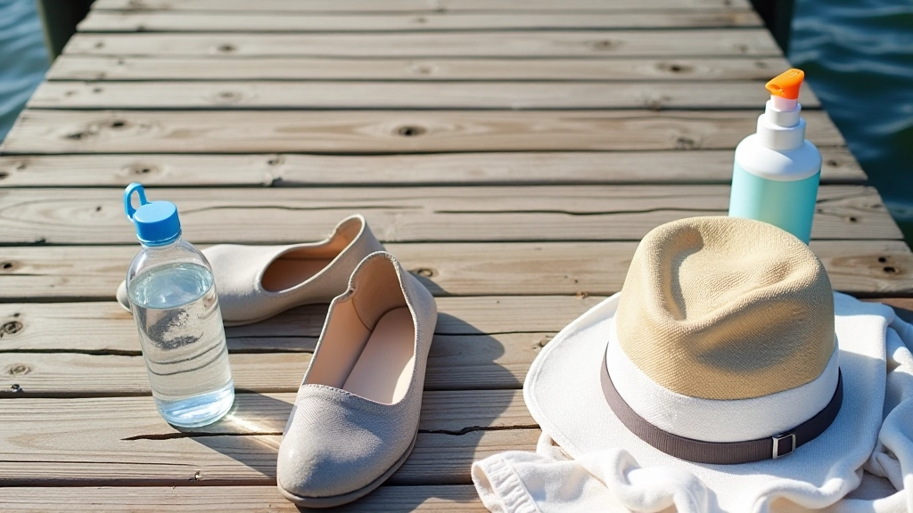 Collection of items laid out on a pier bench: comfortable shoes, water bottle, light jacket, sunscreen, and casual clothing