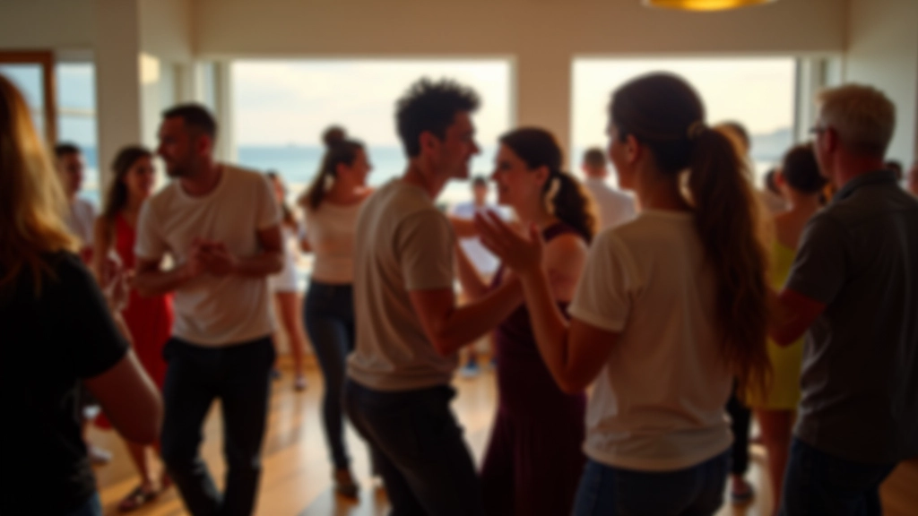 Group of adults aged 45-65 dancing kizomba together in a bright, airy community hall with large windows overlooking a coastal landscape