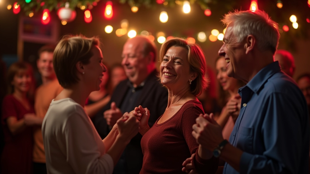 Group of mature adults dancing together at a Cork themed dance night, colorful decorations visible in background, joyful atmosphere