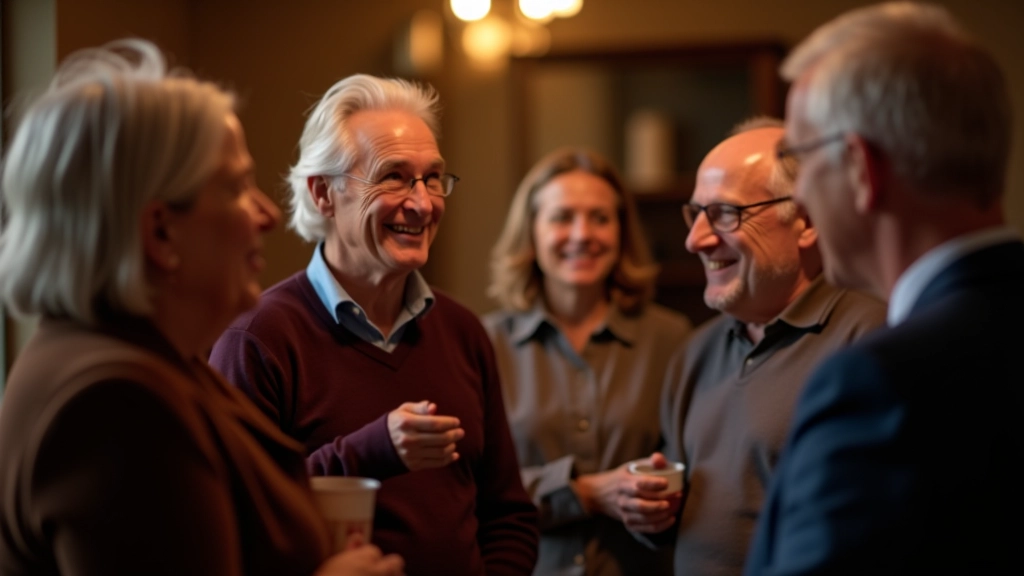 Cork dance community members socializing and chatting after an event, relaxed atmosphere, people of various ages