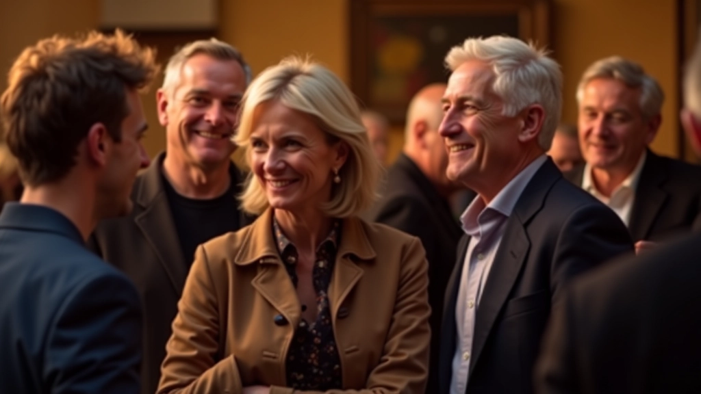 Group of mature adults socializing and laughing together at a dance venue, holding drinks, relaxed atmosphere