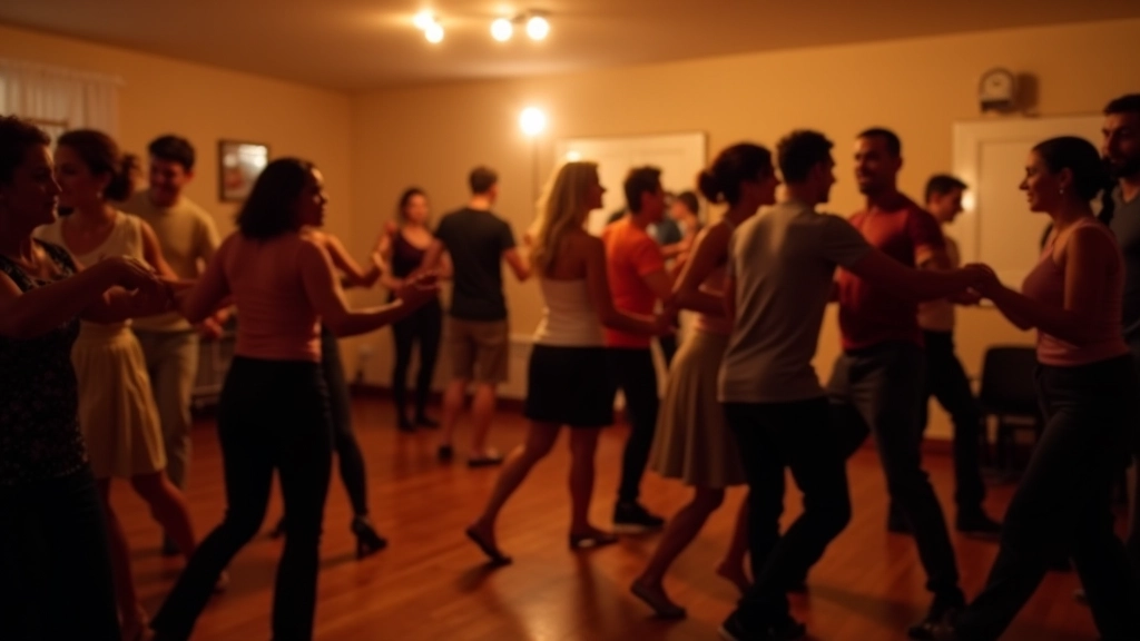 Small coastal town dance gathering with dancers in relaxed setting