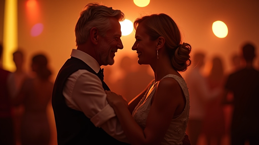 Close-up of couple dancing kizomba, bodies close together, focused expressions, warm amber lighting, intimate dance moment