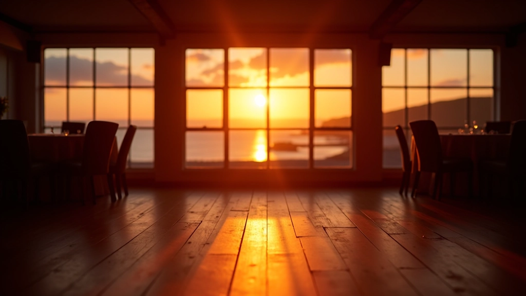 Sunset view through large windows of a coastal town dance venue, golden hour light casting warm glow across an empty dance floor with wooden boards