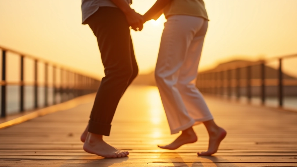 Close-up of two dancers at the pier with evening light, showing footwork and movement against the water backdrop