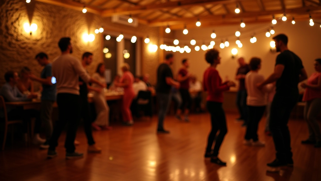 Warm-lit community center interior with wooden floor and exposed stone walls, welcoming and intimate atmosphere suitable for small group dancing