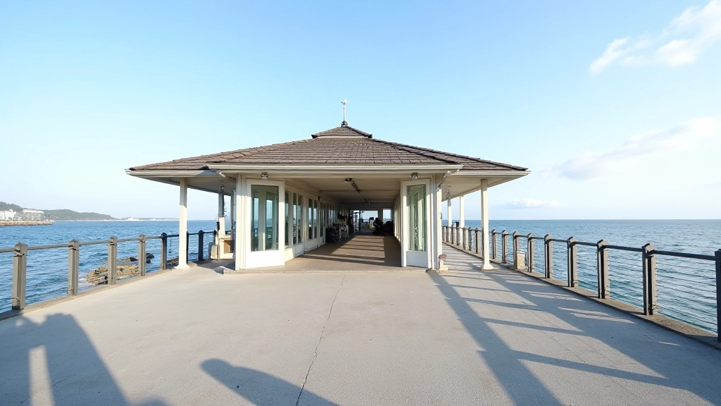 Wide shot of the pier pavilion area with weather conditions visible, showing the actual space where events happen